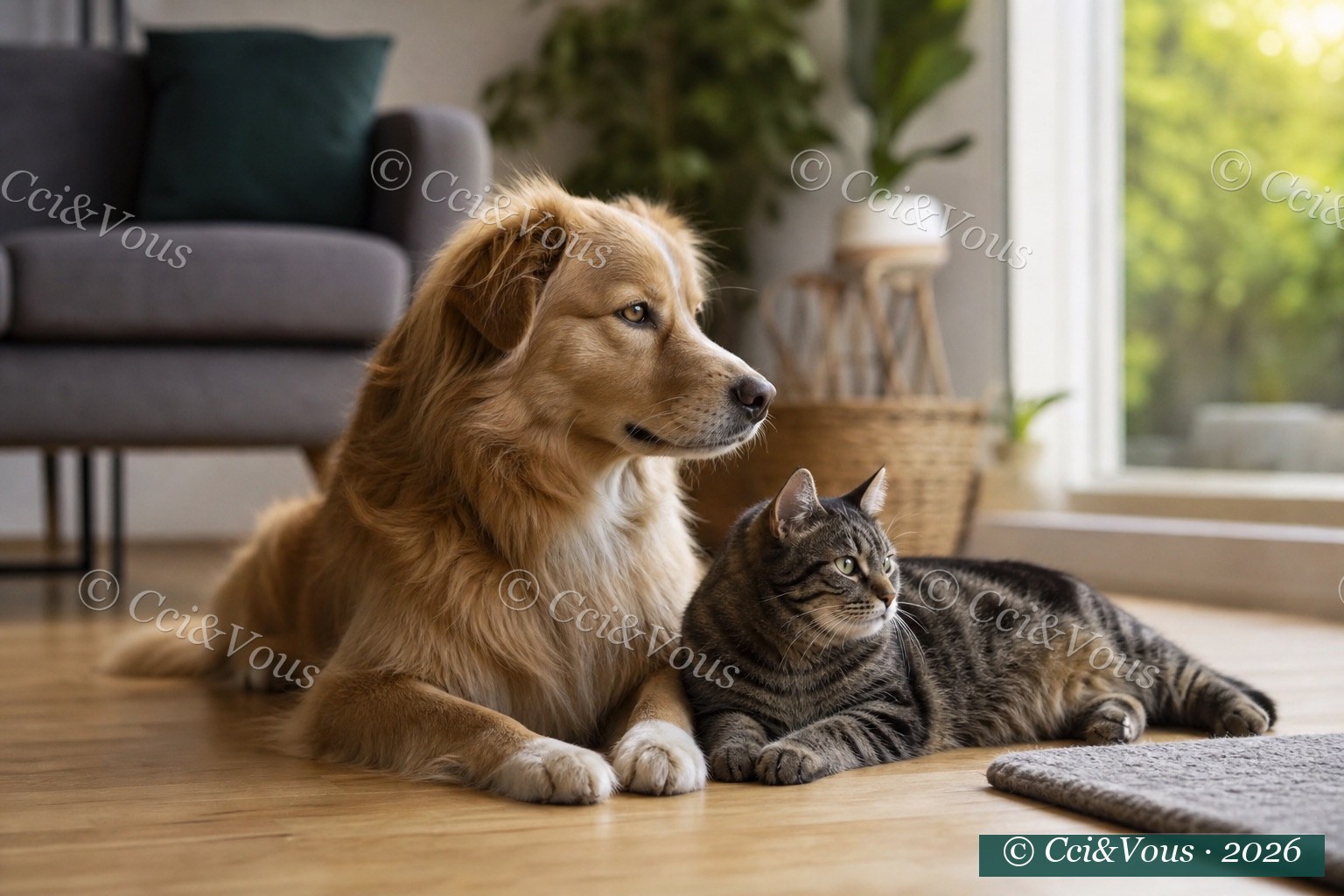 Un chien golden retriever et un chat tabby allongés ensemble dans un intérieur chaleureux